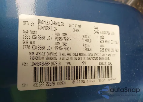 2006 Dodge Durango Slt из США, поврежденный, VIN 1D4HB48N56F167810